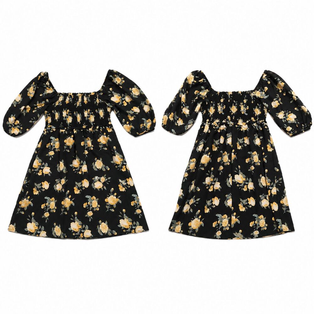 Indulge Women's XL Black Floral Smocked Babydoll Dress Puff Sleeve Mini